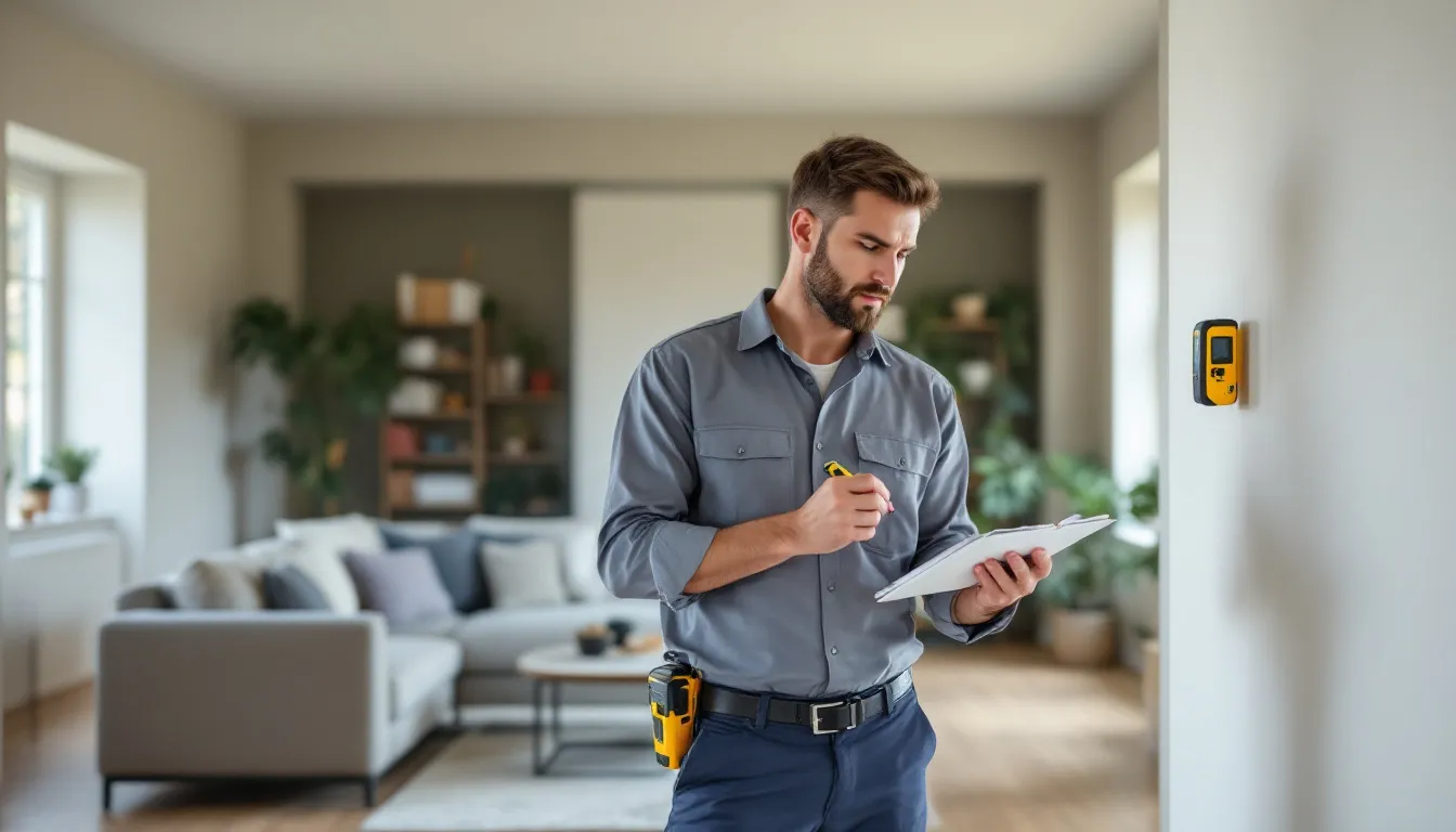 Um profissional, atuando como perito avaliador de imóveis, está realizando uma avaliação técnica de um imóvel utilizando equipamentos de medição. Ele se concentra em coletar dados precisos para elaborar um laudo pericial que determine o valor de mercado da propriedade.
