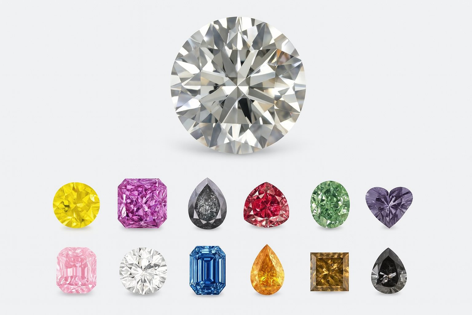 Baltas apvalus briliantas viršuje ir apačioje išdėstyti dvylika skirtingų spalvų bei formų deimantų baltame fone