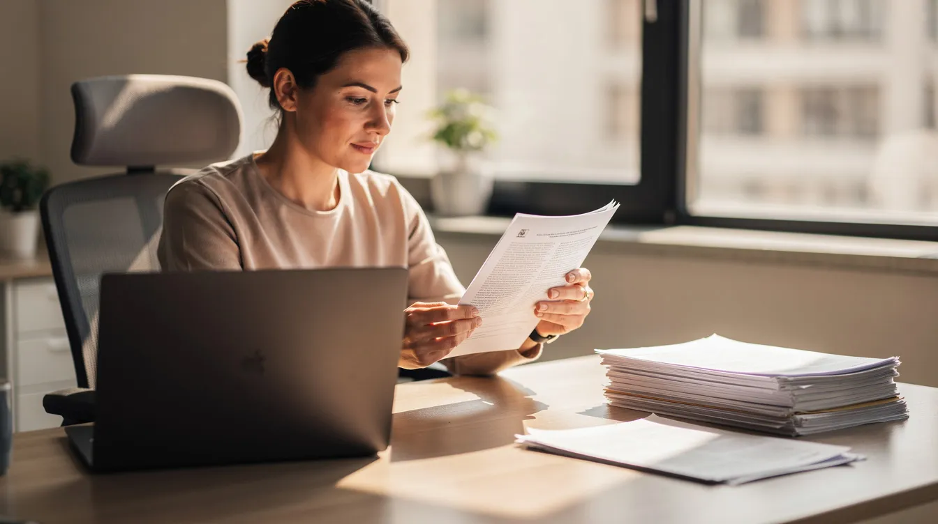 A person is sitting at a desk, focused on reviewing documents while a laptop and various papers are arranged nearby, indicating they are likely dealing with legal matters such as family law or personal injury cases. This scene reflects the importance of having the right legal team to navigate complex legal challenges and make informed decisions.