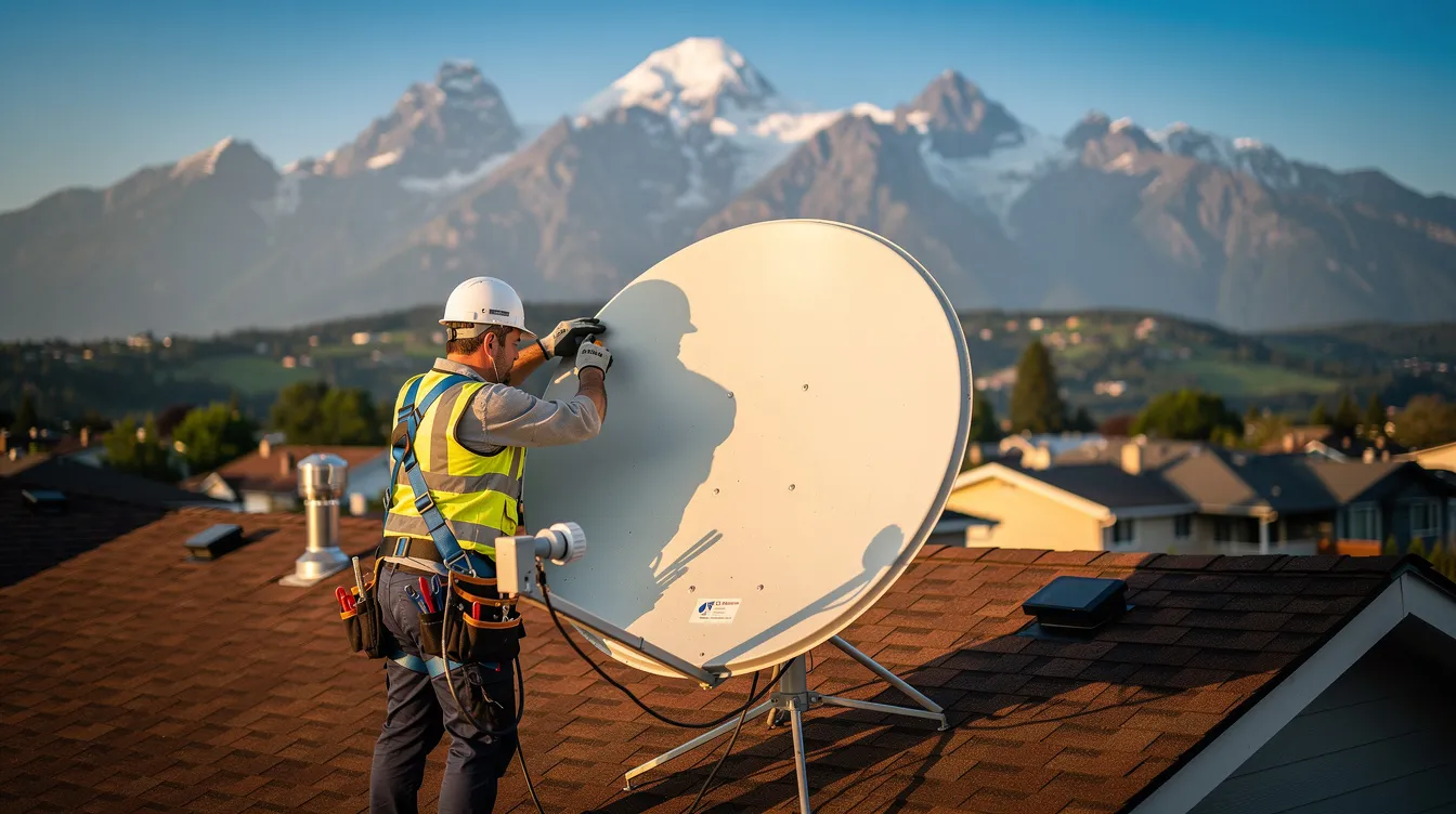 A technician is adjusting a satellite dish on a residential rooftop, with a stunning mountain backdrop in the distance. This installation is crucial for accessing Openview channels and ensuring a strong signal for satellite TV.