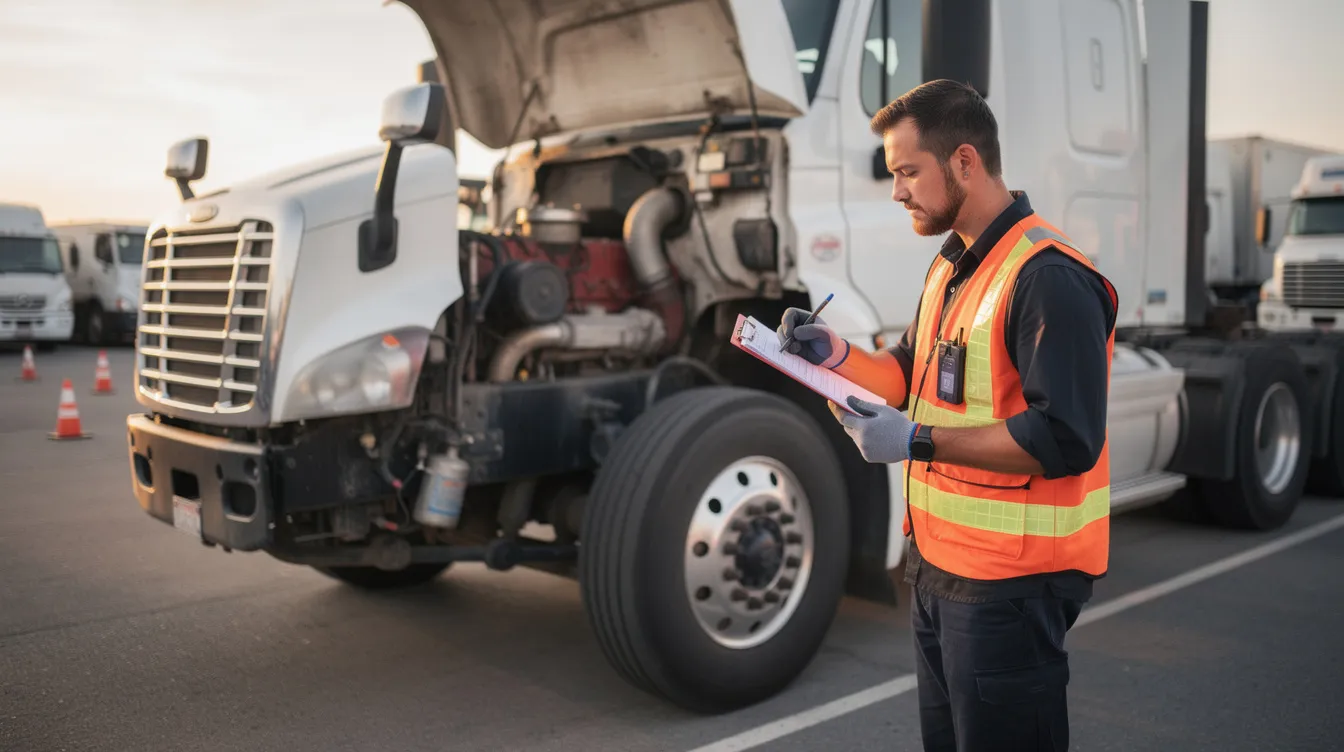 Pre-Trip Inspection Best Practices Before Roadcheck Season: The image depicts a driver conducting a thorough pre-trip inspection of a truck, checking various vehicle components such as tires for tread depth and tire pressure, inspecting the brake lights and turn signals, and ensuring that safety equipment like the fire extinguisher is in compliance with regulations. This careful examination helps prevent costly breakdowns and mechanical issues during transit.