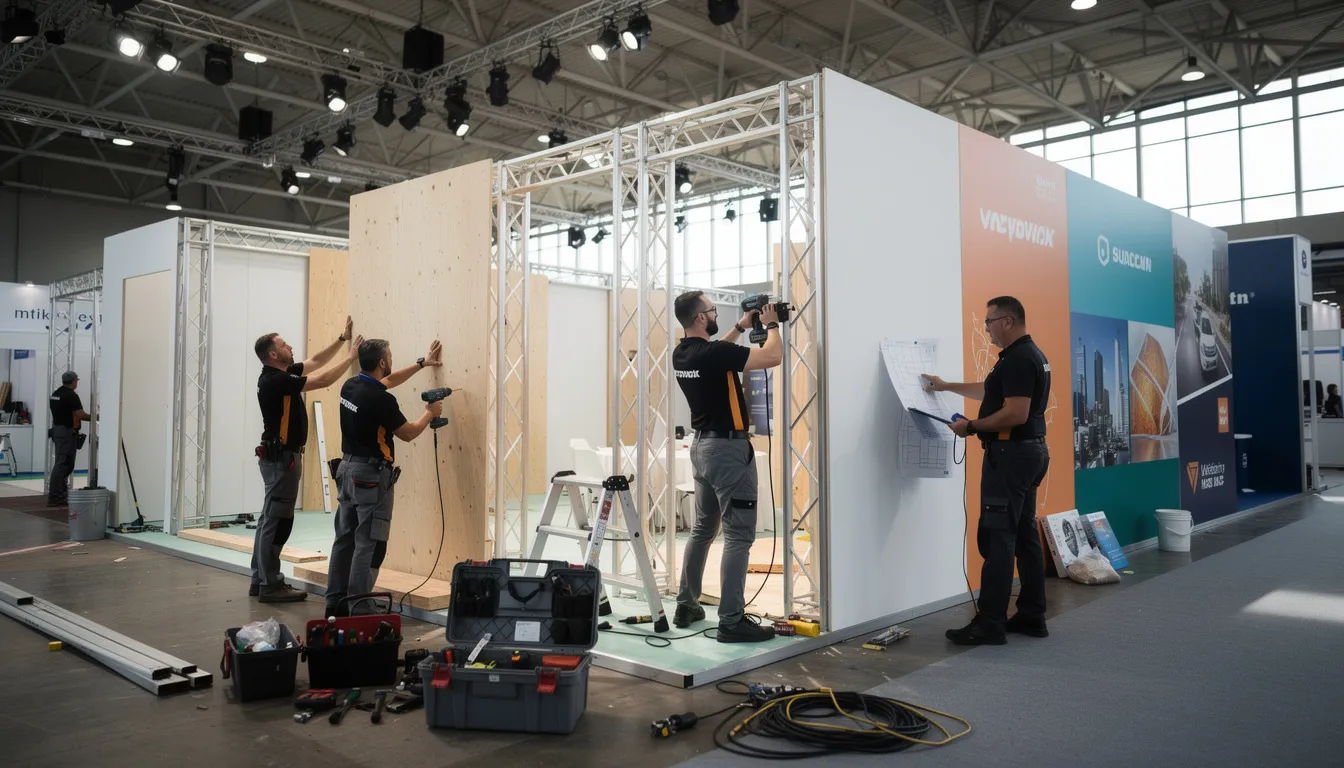 A local team of exhibition stand builders collaborates on constructing a custom trade show booth, showcasing their expertise in booth design and project management. The scene captures the teamwork and creativity involved in creating an impactful trade show exhibit that will leave a lasting impression.