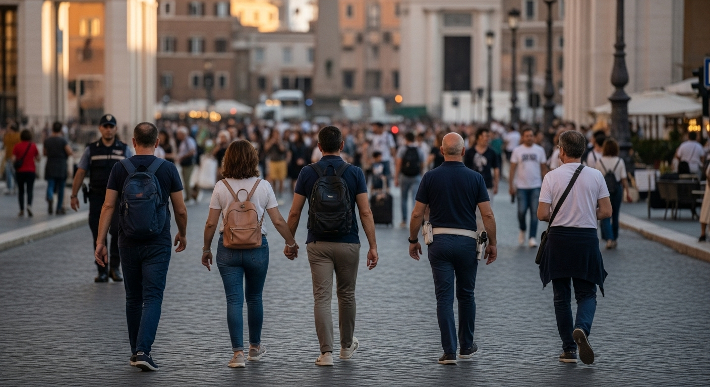 People walking calmly through a well-lit area in Rome near major landmarks, with a visible police presence and travelers keeping personal belongings close in a relaxed but attentive atmosphere.