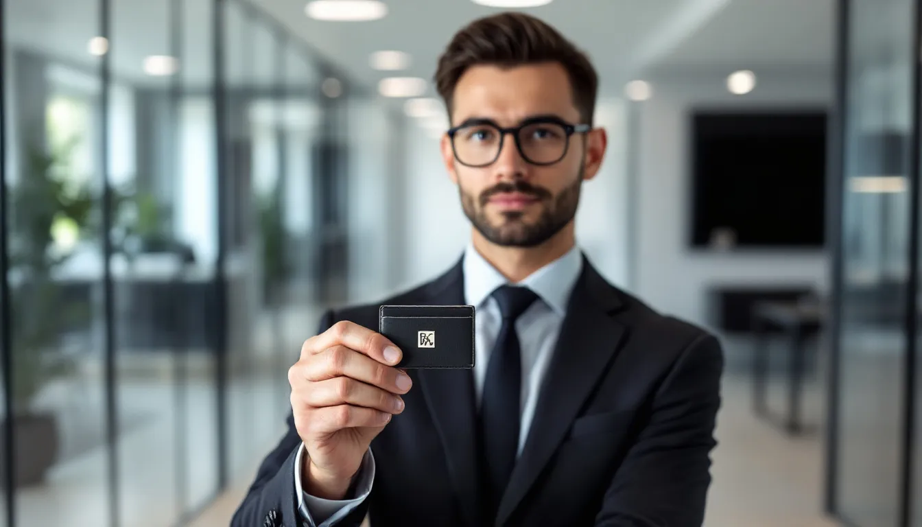 Een professionele man in een net pak houdt een stijlvolle, zilveren smart pasjeshouder vast, die zijn belangrijkste pasjes overzichtelijk en veilig opbergt. Deze moderne kaarthouder biedt een praktisch alternatief voor de traditionele portemonnee en is ideaal voor het hedendaagse leven met steeds minder contant geld.