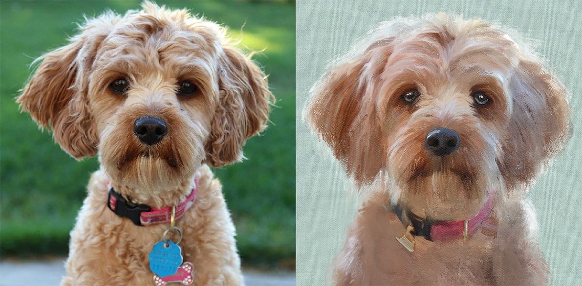 An artist using hand-painted techniques on a dog portrait.