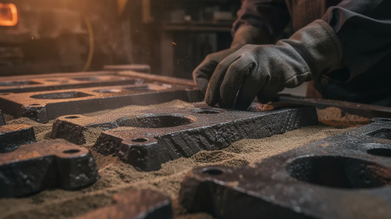 A foundry worker closely inspects freshly cast iron parts, including ductile iron castings, arranged on a sand mold bed. The image highlights the intricate details of the cast iron and the unique microstructure that contributes to its excellent wear resistance and high tensile strength.