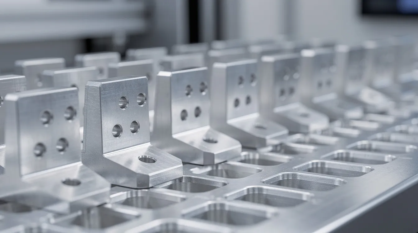 A production tray holds a row of identical precision-machined aerospace brackets, showcasing their uniformity and readiness for inspection. These components, crafted through advanced CNC machining processes, are essential for the aerospace industry, ensuring tight tolerances and optimal performance in aircraft and spacecraft applications.