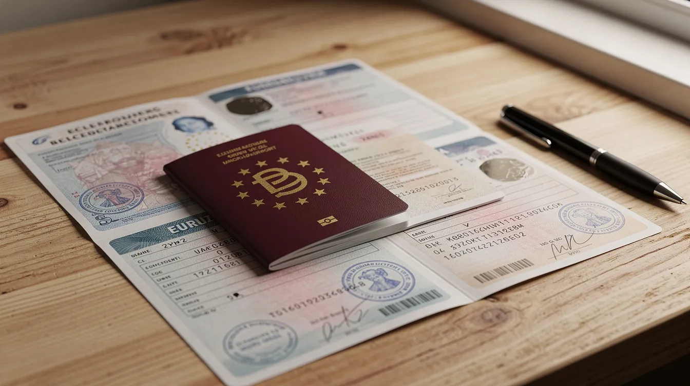 Posting Workers to Spain - A Practical Guide for EU Employers 2 The image features a European passport alongside work visa documents neatly arranged on a wooden table, symbolizing the essential paperwork for posted workers in Spain. These documents are crucial for ensuring compliance with Spanish labour law and the legal obligations of companies posting workers from EU countries.