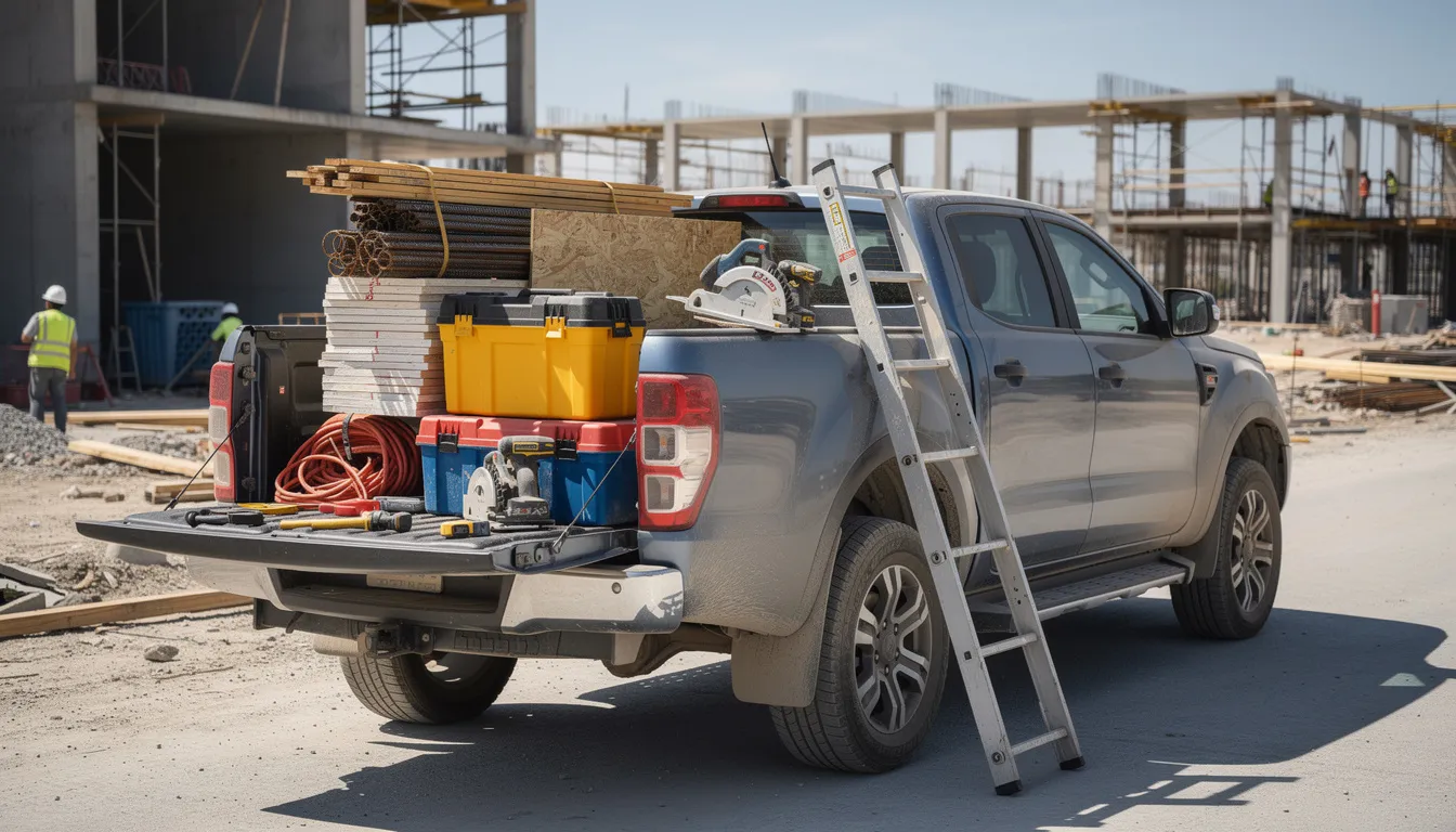 A Ford Ranger truck is shown with its spacious bed loaded with various construction materials and tools, illustrating its ample cargo space and versatility for tough tasks. The truck's bed dimensions, designed for optimal hauling needs, include a five-foot bed length and a width of 62.4 inches, making it ideal for transporting equipment.