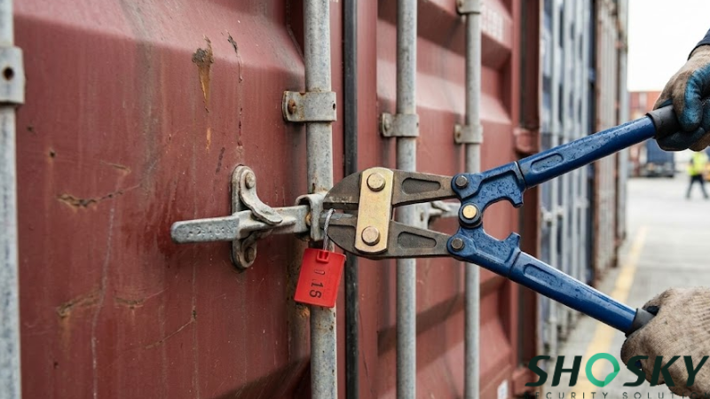 Personnel performing a mandatory security seal removal procedure at a terminal
