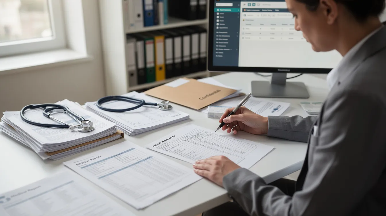 A person is seated at a desk, surrounded by various medical documents and paperwork, intently filling out forms related to their disability claim. The scene reflects the often complex application process for social security disability benefits, highlighting the importance of medical evidence and financial support for individuals dealing with chronic pain and other disabilities.