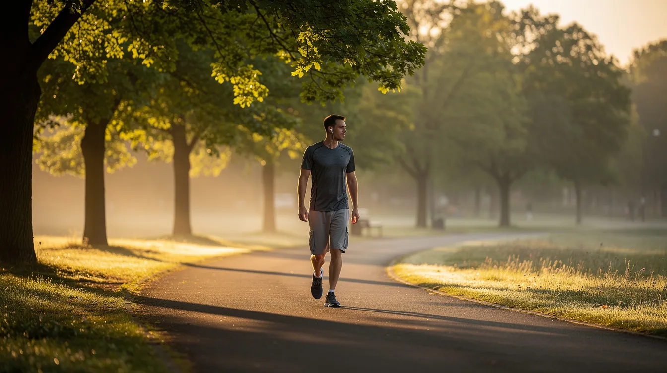 A person dressed in comfortable athletic clothing strolls along a serene tree-lined path, illuminated by the soft glow of early morning light. The peaceful scene evokes a sense of calm and wellness, reminiscent of the healing process after a drainless tummy tuck procedure.