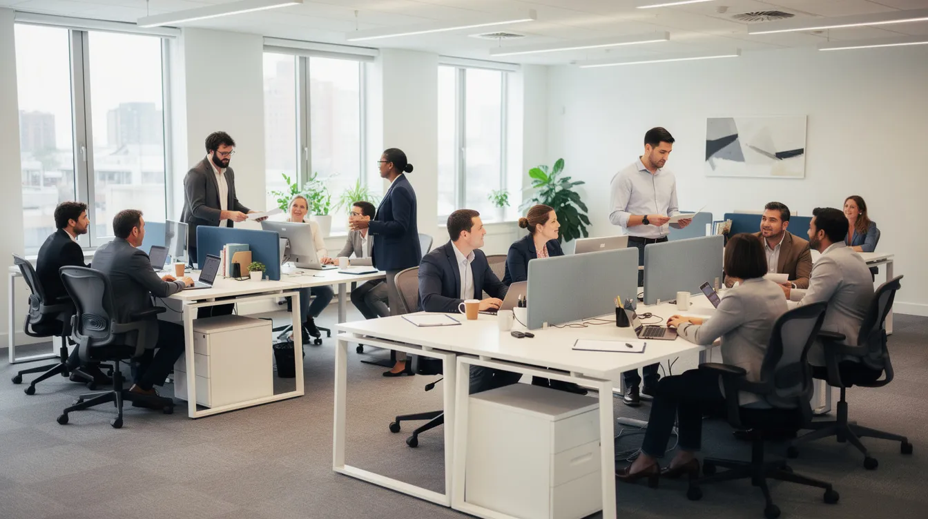 L'image montre un espace de travail dynamique où plusieurs groupes de collègues collaborent en clusters séparés, illustrant l'effet de groupe au travail. Chaque équipe semble engagée dans une discussion active, échangeant des idées et des opinions, reflétant ainsi les phénomènes de groupe et l'influence sociale dans un environnement professionnel.