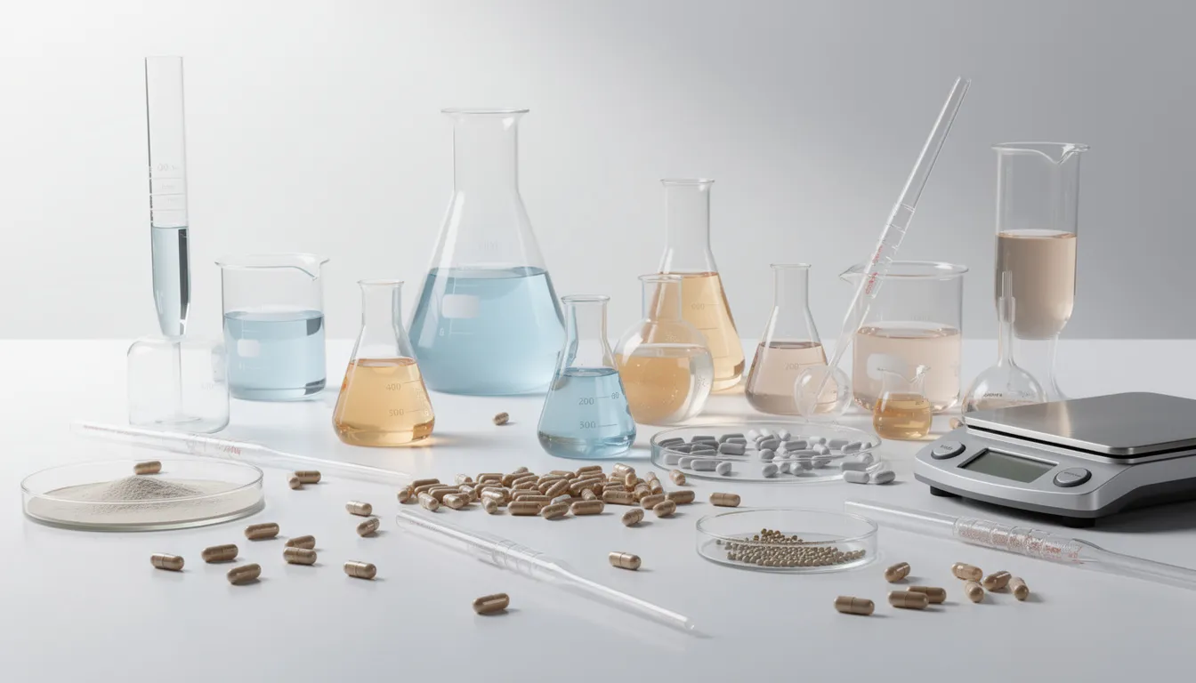 The image depicts a clean laboratory setting featuring various supplement capsules alongside scientific equipment, all arranged on a pristine white surface. This environment reflects the focus on dietary supplements and the ongoing discussions around the legal status and regulation of products like nicotinamide mononucleotide (NMN) in the supplement market.
