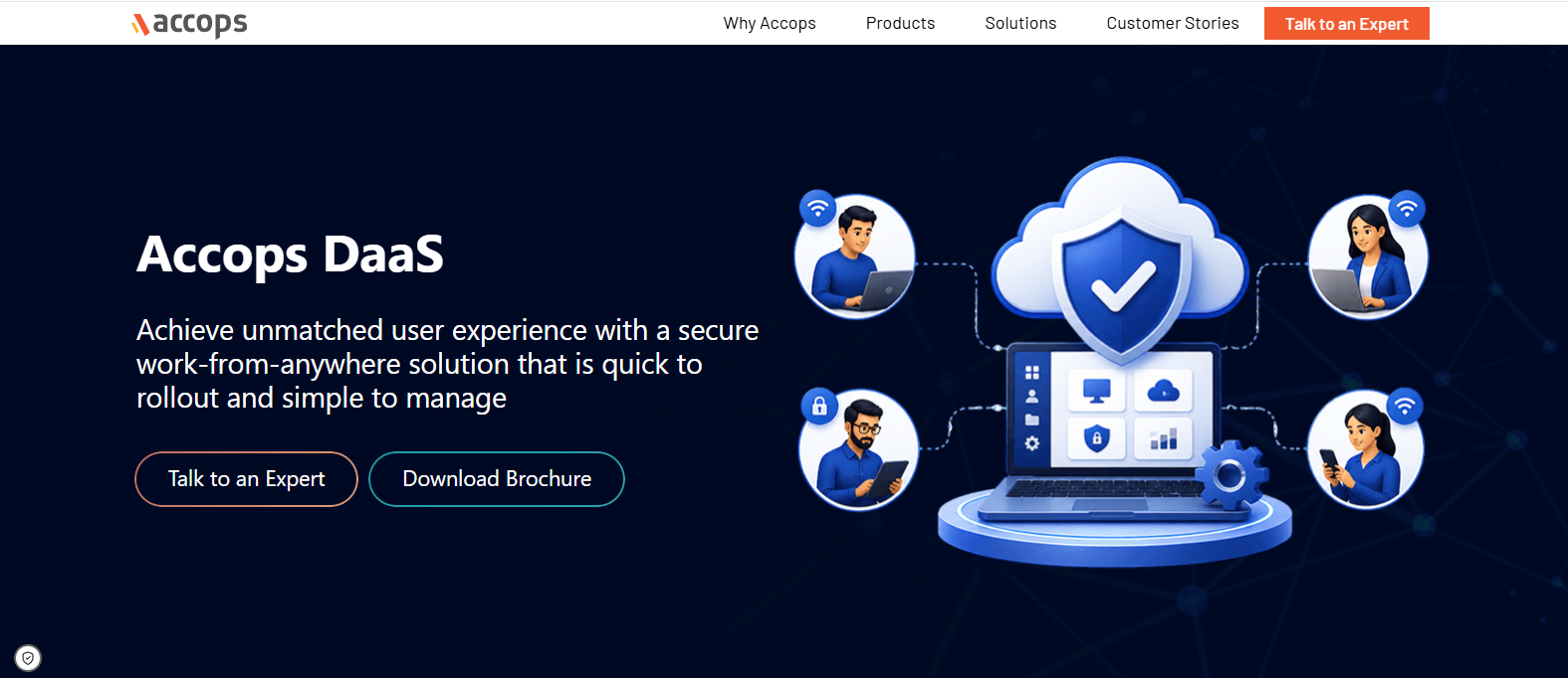 Accops DaaS platform providing secure cloud-hosted virtual desktops, remote workforce enablement, and centralized Desktop as a Service management for modern enterprises.