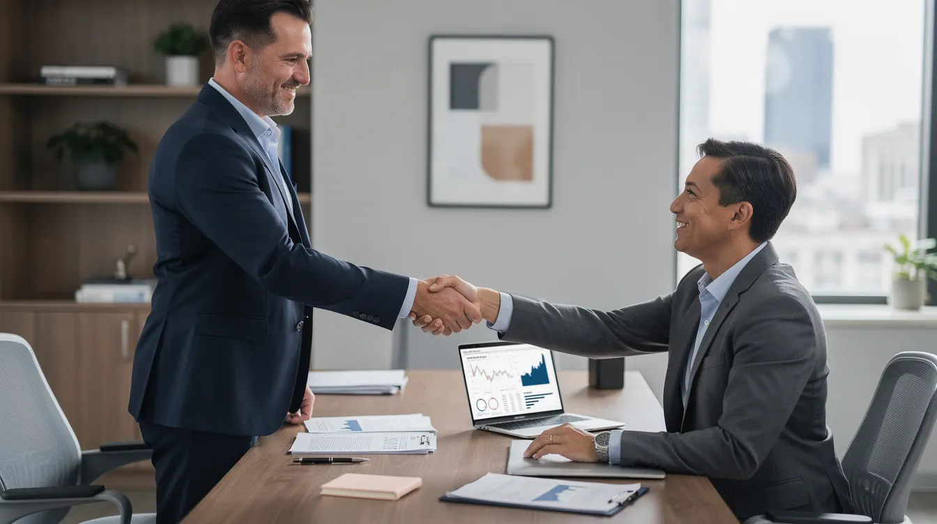 The image depicts a calm and professional office environment where a financial advisor is shaking hands with a client, symbolizing trust and collaboration in financial matters. This scene reflects the importance of seeking advice for personal loans and understanding loan terms such as interest rates and repayment plans.