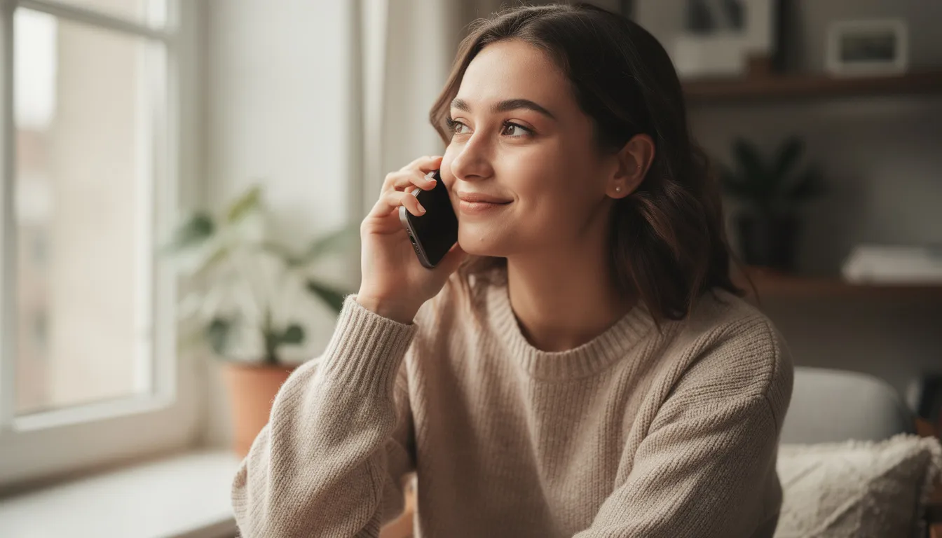 Ein Mädchen sitzt mit einem Handy am Ohr und führt ein Telefonat. Sie lächelt, während sie in einem modernen Raum sitzt, der mit verschiedenen technischen Geräten und Notizen für ein mögliches Brainstorming dekoriert ist.