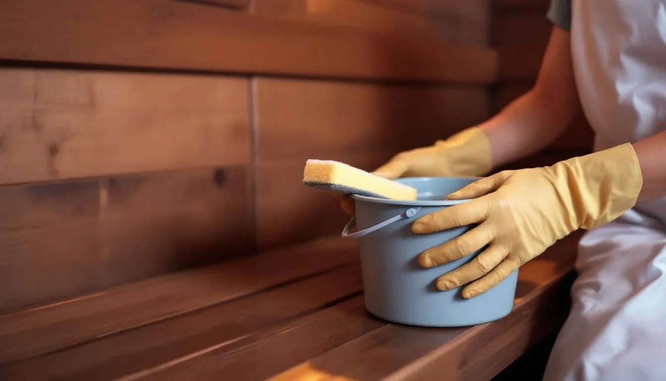 The image depicts a person cleaning a sauna, using a cloth to wipe down the wooden benches and walls, ensuring a hygienic environment for sauna bathing. Regular sauna cleaning is essential for maintaining the health benefits of both traditional and infrared saunas, promoting overall wellness and skin health.