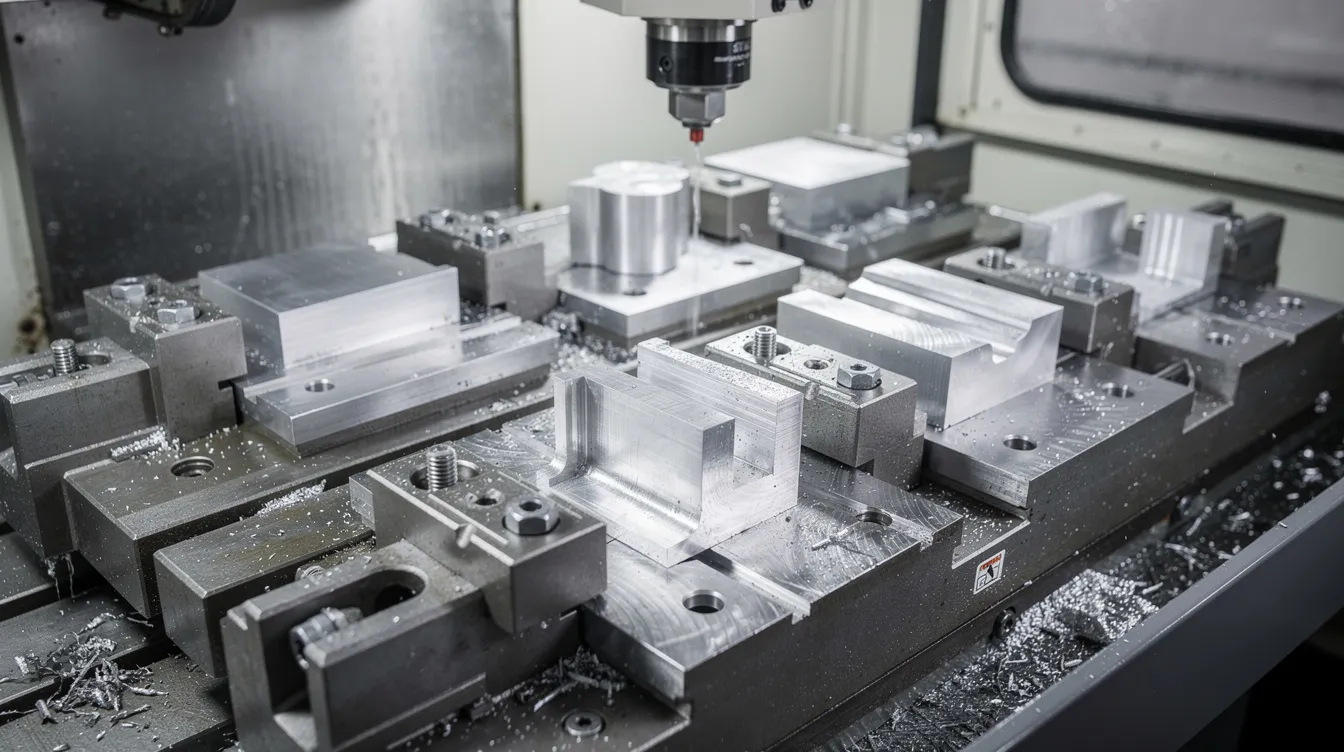 A close-up view of a CNC vertical machining center showcases steel fixture plates and vise fixtures that securely hold multiple aluminum parts on the machine table, highlighting the precision and efficiency of the machining process. The setup emphasizes the importance of clamping fixtures in achieving accurate positioning during CNC milling operations.
