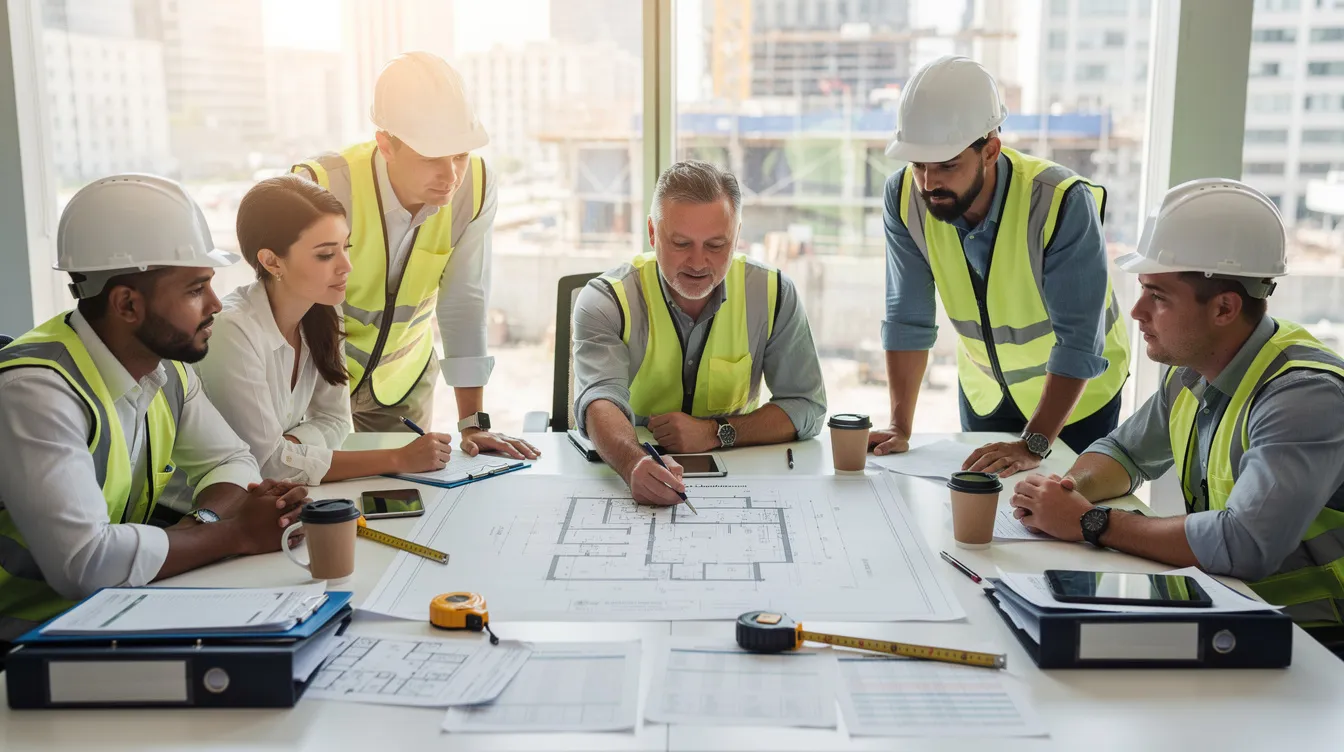 Construction team reviewing project documents at a meeting table.
