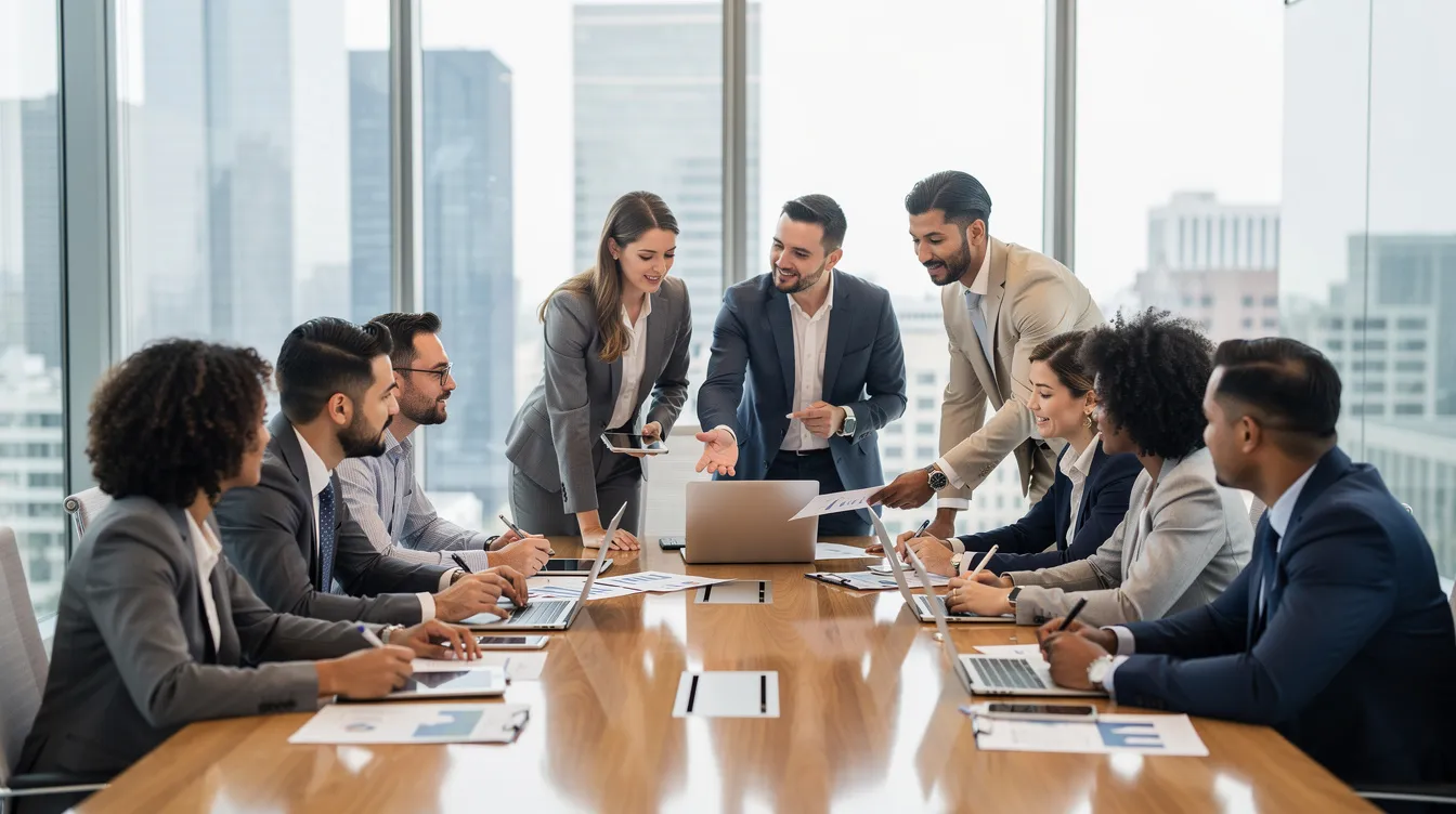 Diverse team collaborating around a conference table, analyzing AI-driven insights and machine learning strategies to enhance customer engagement