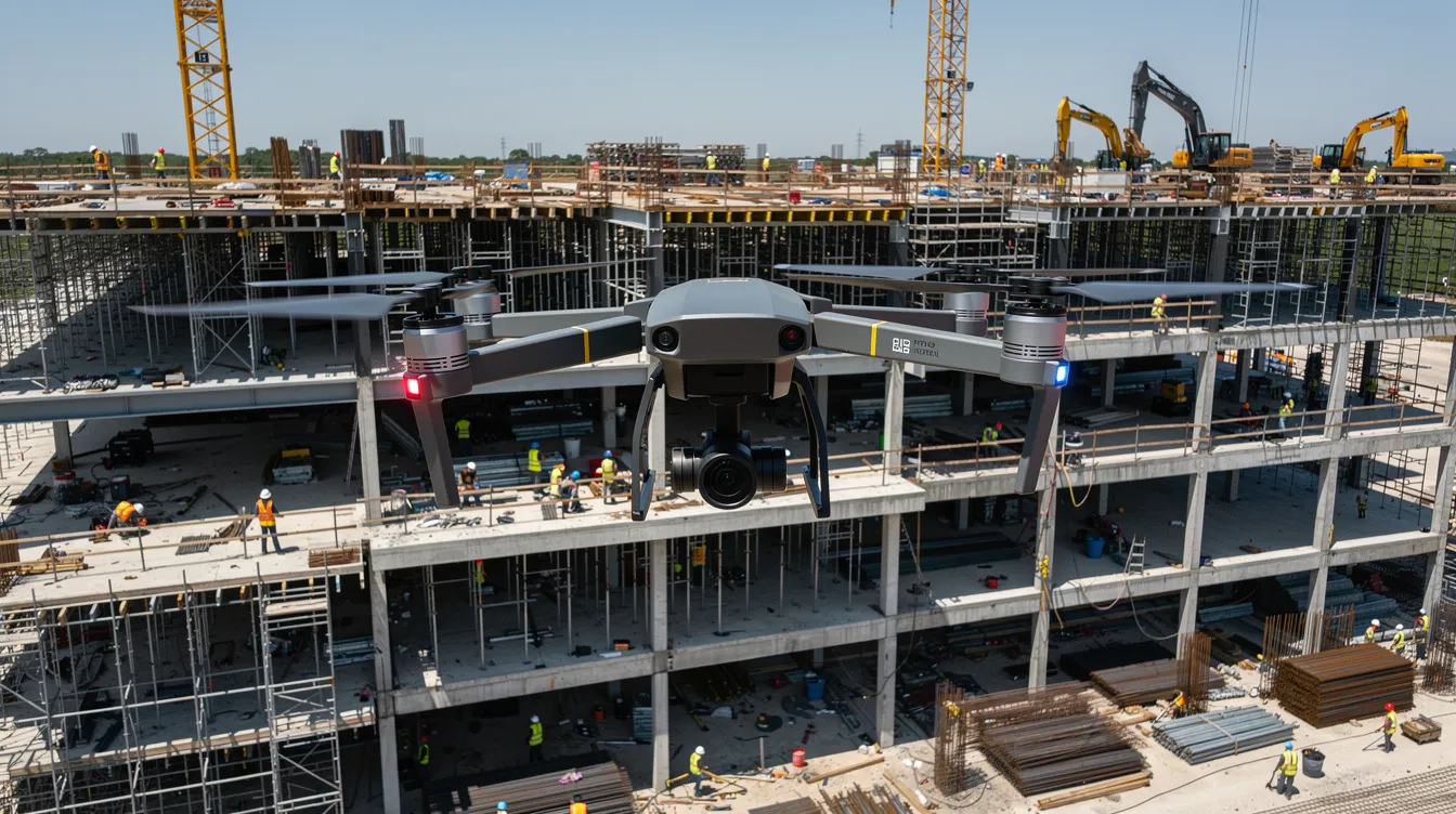 A commercial drone hovers above an active construction site, capturing real-time data of construction workers in hard hats below, as they navigate the site with visible steel framing. This advanced safety technology enhances worker safety and improves job site safety by monitoring potential hazards and enabling rapid response to incidents.