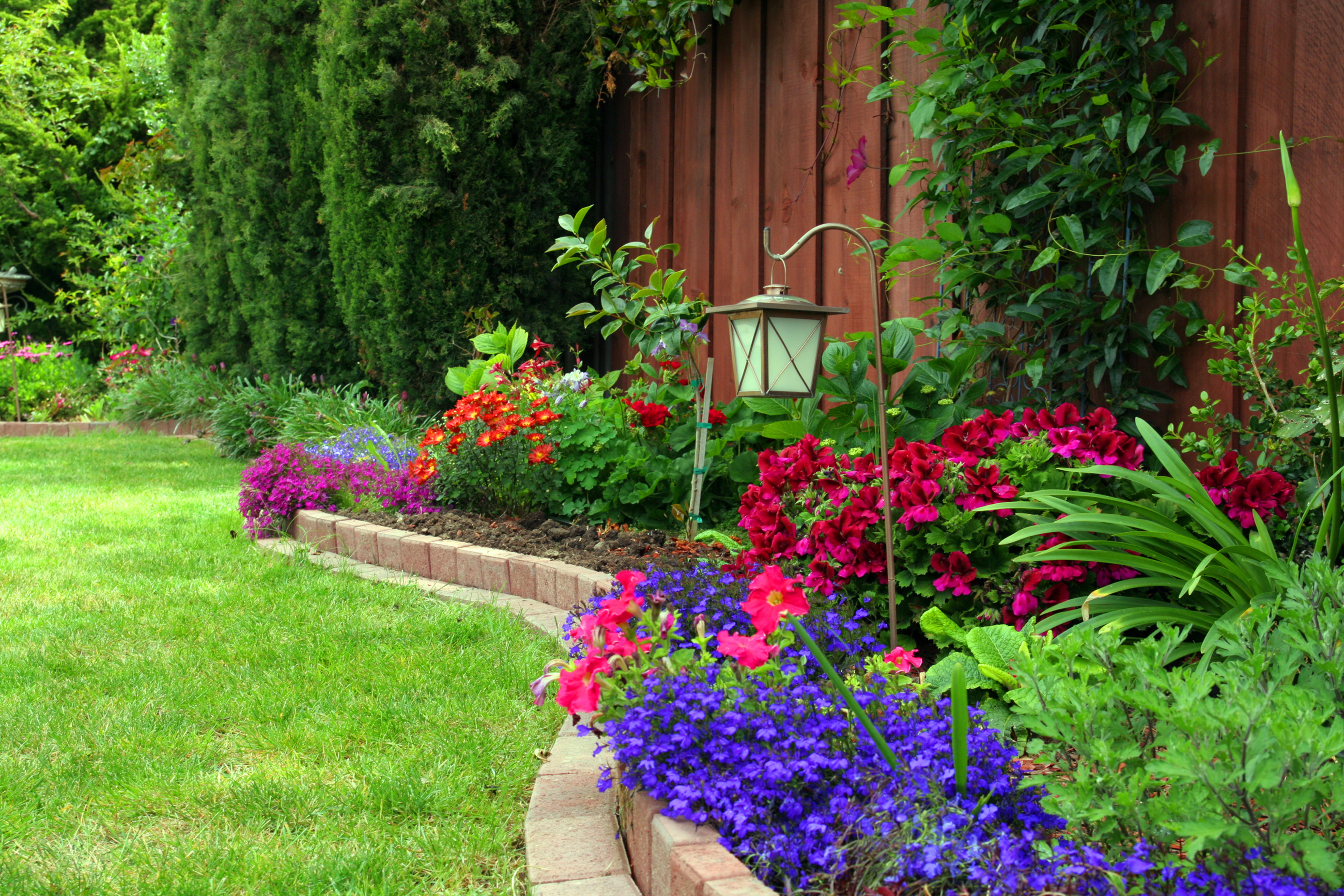A low brick border creates division between the lawn and garden bed in this outdoor space