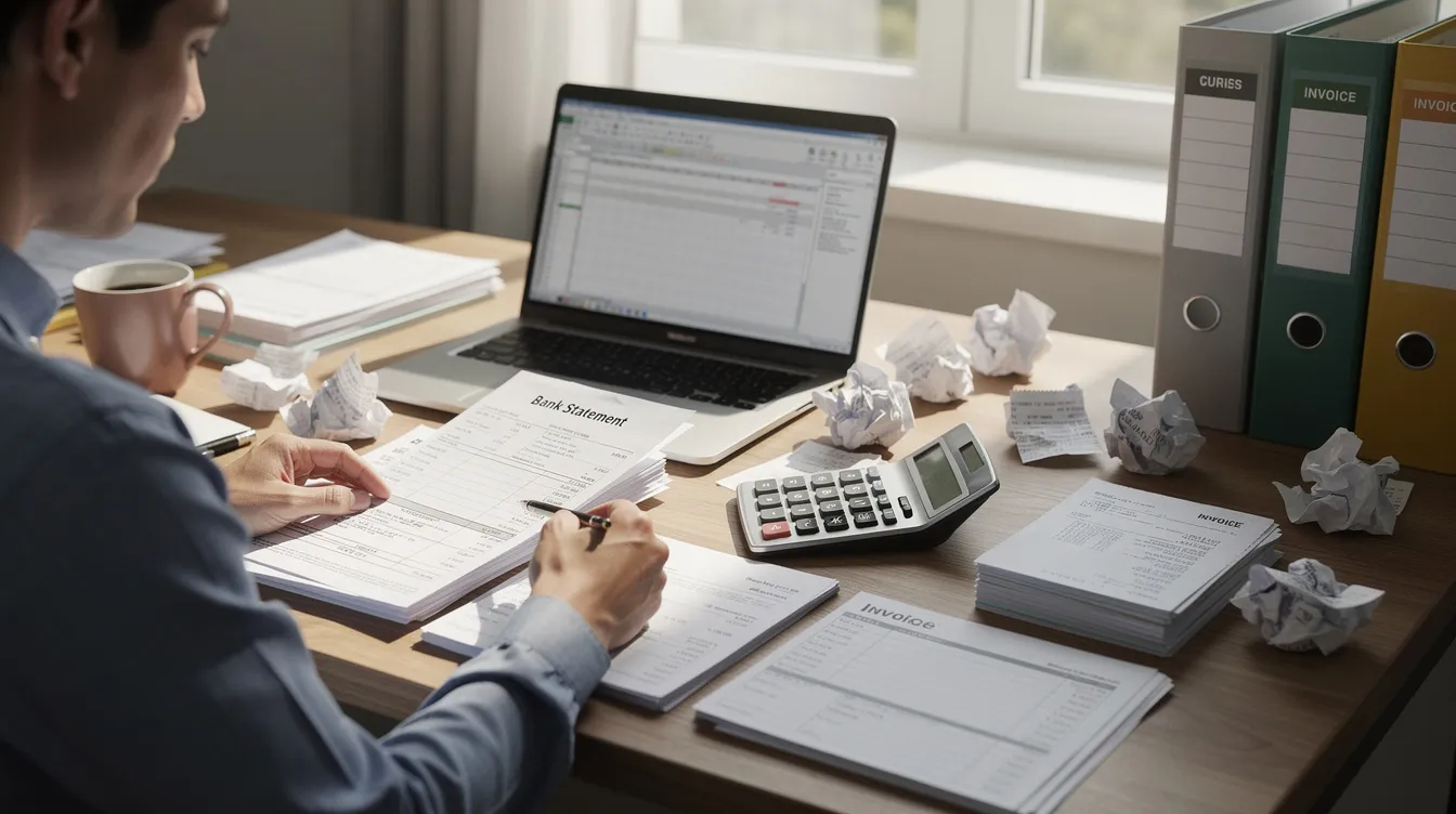The image shows a person methodically organizing various financial documents, including bank statements and receipts, on a desk, which reflects their effort to manage their financial situation effectively. This activity is essential for understanding one's 清 數 and keeping track of expenses and debts.