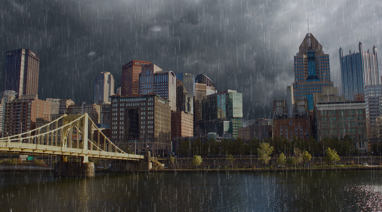 Pittsburgh downtown during rainfall and thunder storm