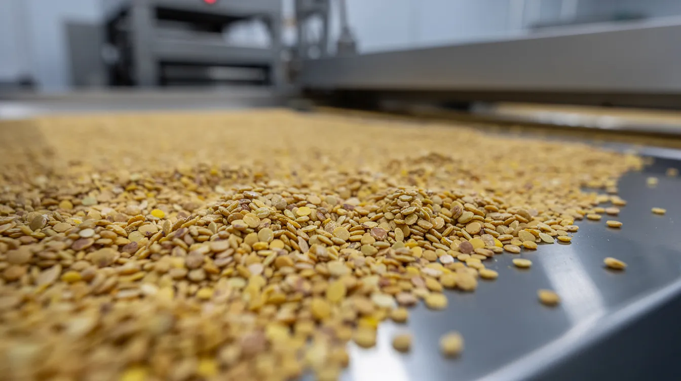 A close-up photograph showcases golden split toor dal grains scattered across a clean metal surface in a processing facility, highlighting the quality of raw materials used in dal mill operations. This image reflects the pulse processing industry, emphasizing the importance of good quality dal in meeting the growing demand in local markets.