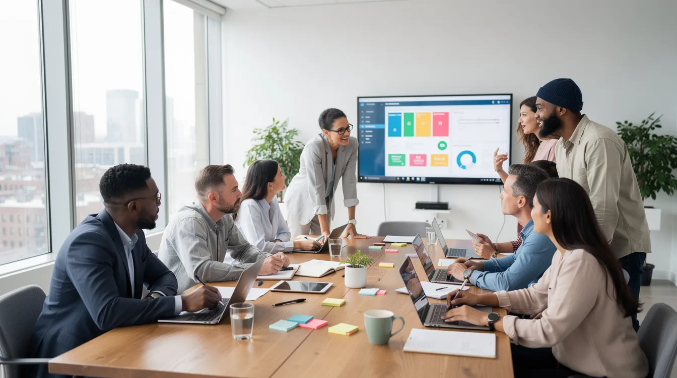 Une équipe diverse collabore autour d'une grande table dans un bureau moderne et lumineux, illustrant l'importance de la gestion d'équipe et du bien-être au travail. Les membres de l'équipe échangent des idées, renforçant ainsi la cohésion et l'efficacité de leurs projets.