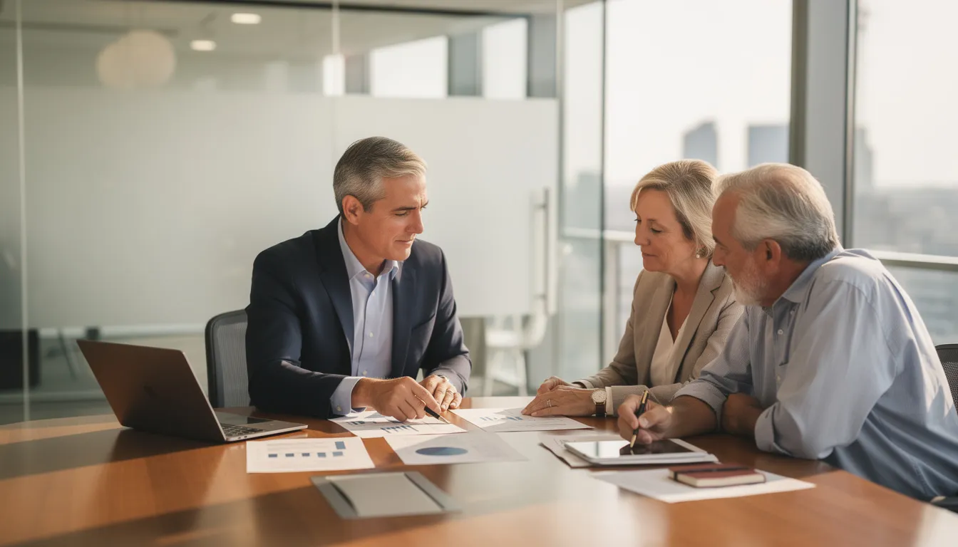 A professional financial advisor is seated at a modern office desk, reviewing retirement documents with mature clients. The scene reflects a collaborative atmosphere focused on developing a personalized retirement strategy to achieve their financial goals and secure their future.