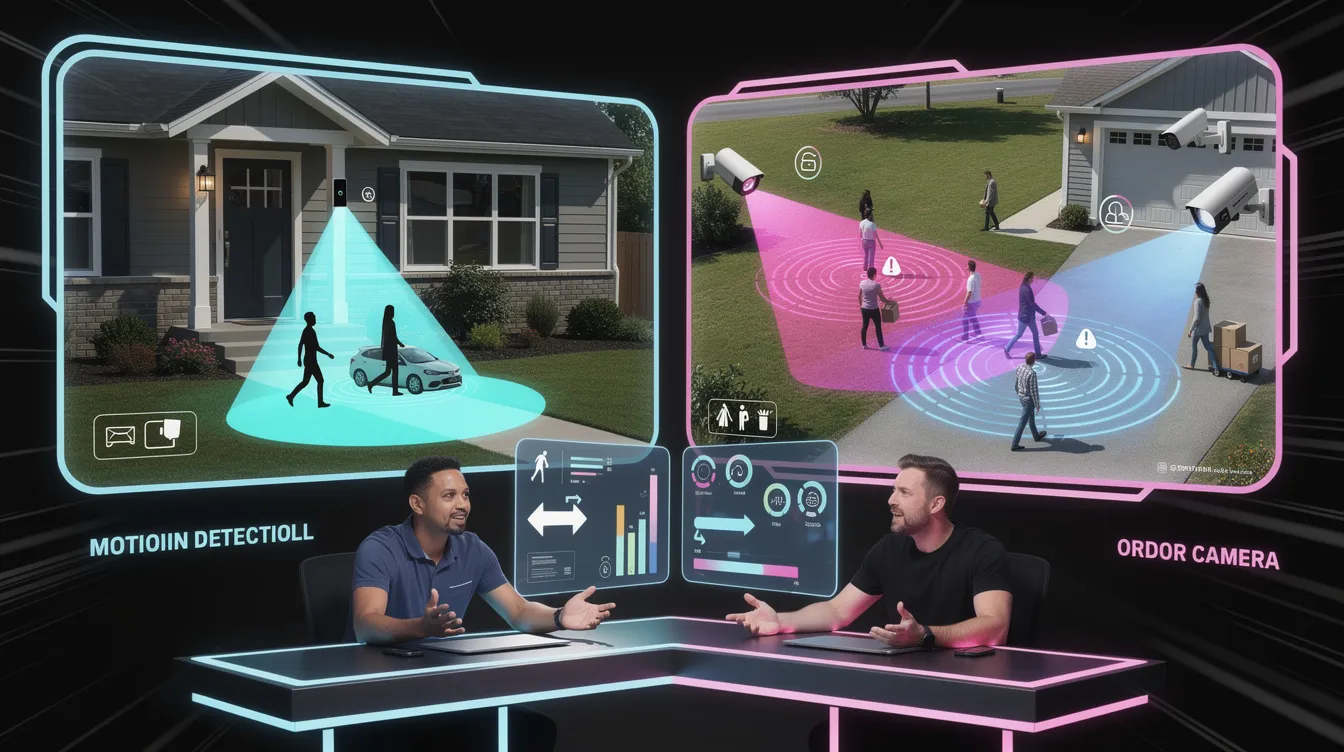 A diagram illustrating the motion detection capabilities of video doorbells and outdoor security cameras.
