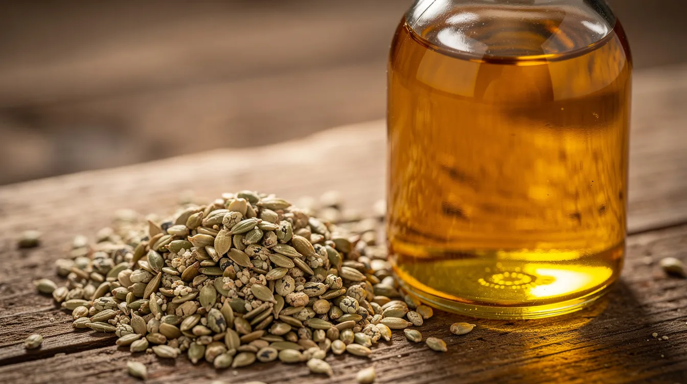Die Nahaufnahme zeigt Hanfsamen, die neben einer Flasche mit goldgelbem Hanfsamenöl auf einem Holztisch liegen. Hanfsamenöl, das aus den Samen der Cannabis-Pflanze gewonnen wird, ist reich an essentiellen Fettsäuren und bietet zahlreiche gesundheitliche Vorteile.