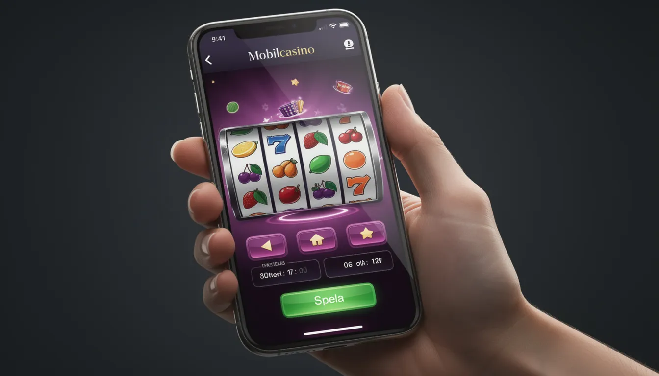 En smartphone visar ett mobilcasino-gränssnitt med olika spelalternativ, inklusive slots som "Book of Dead" och live casino. Användaren kan enkelt göra insättningar och uttag, samt ta del av vinnarum casino's välkomstbonus för nya spelare.