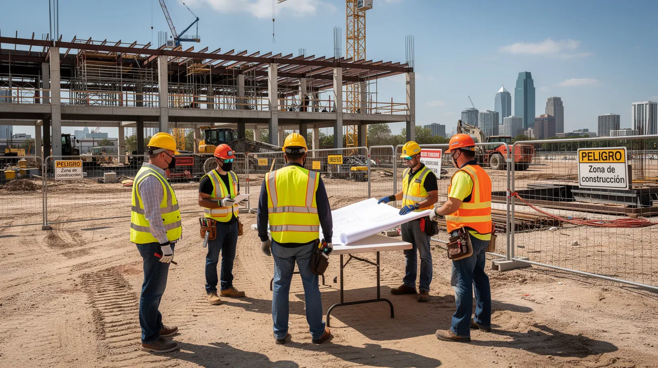 The image depicts an active construction site in Houston, where workers are wearing safety helmets and gear, ensuring a safe work environment. This scene highlights the importance of safety measures to prevent construction accidents and protect the rights of workers in Texas.