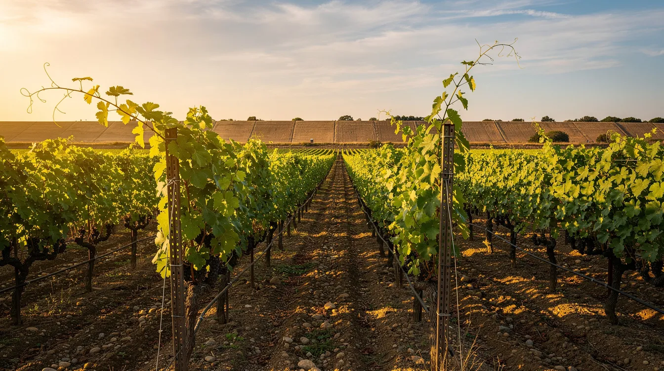 A sun-drenched vineyard features lush green vines stretching toward a river levee, illuminated by warm golden afternoon light and swaying gently in the breeze. This picturesque scene captures the essence of wine regions, inviting guests to savor the flavors of award-winning wines like chardonnay and sauvignon blanc.