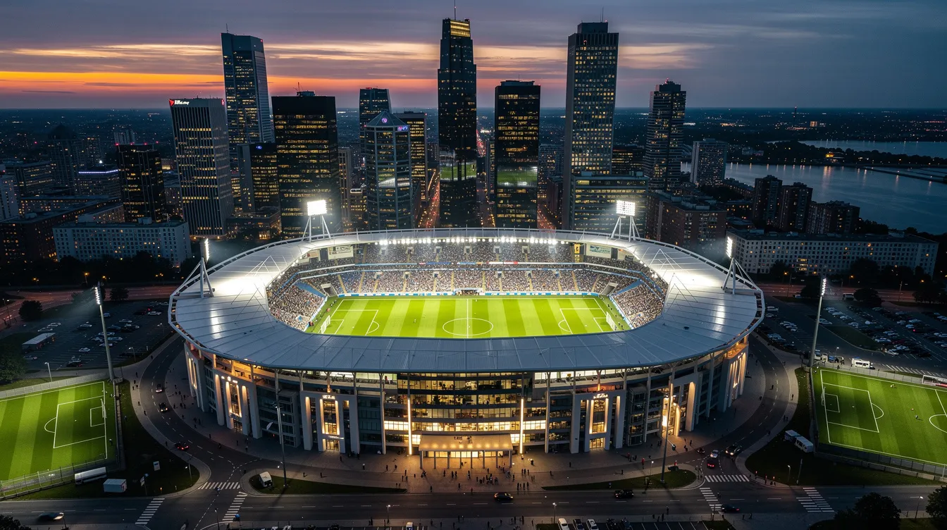 Ein modernes Fußballstadion aus der Vogelperspektive, beleuchtet in der Abenddämmerung, vor einer beeindruckenden Skyline von Washington D.C. im Hintergrund. Dieses Bild könnte die Vorfreude auf die Auslosung der WM 2026 widerspiegeln, bei der die Gruppen für das Turnier festgelegt werden.
