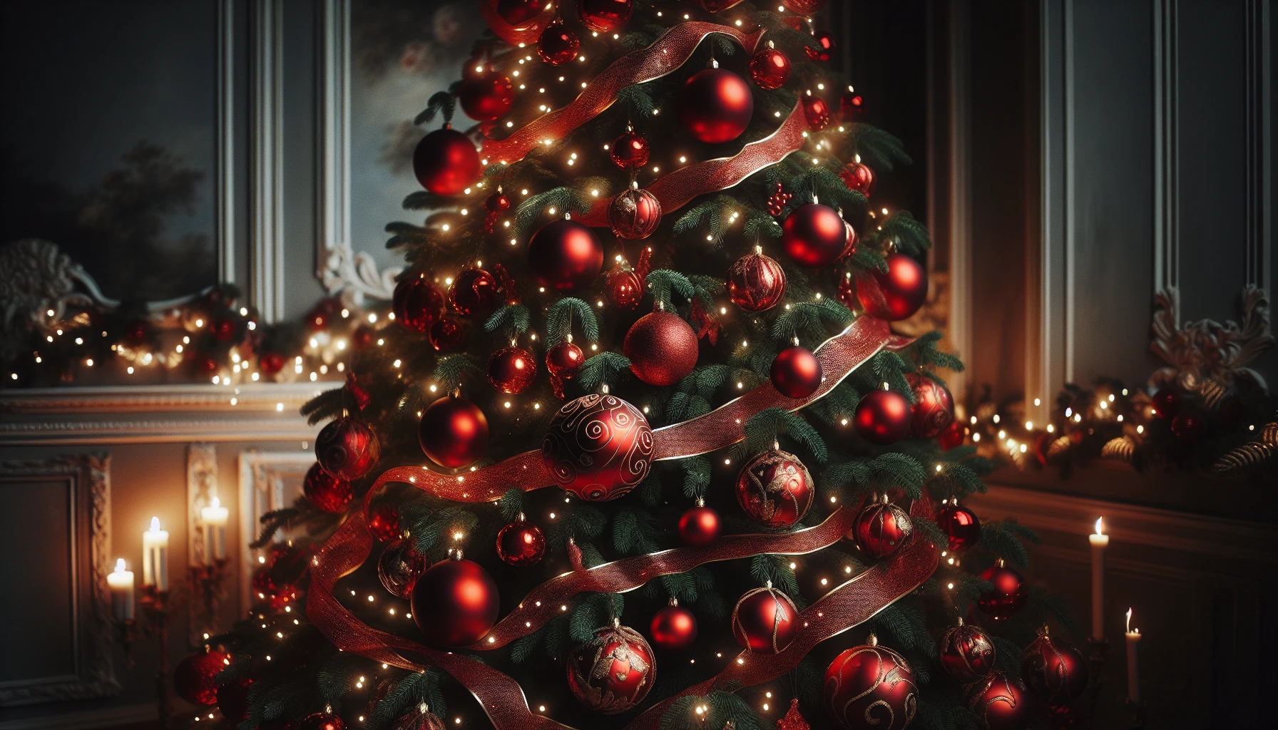 Create a classic holiday tree with red baubles, ribbon wrapping secrets, and red and green combinations