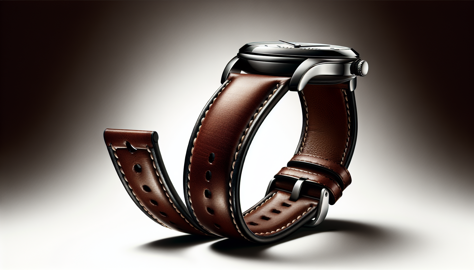 A stylish 21mm leather watch band displayed on a watch.