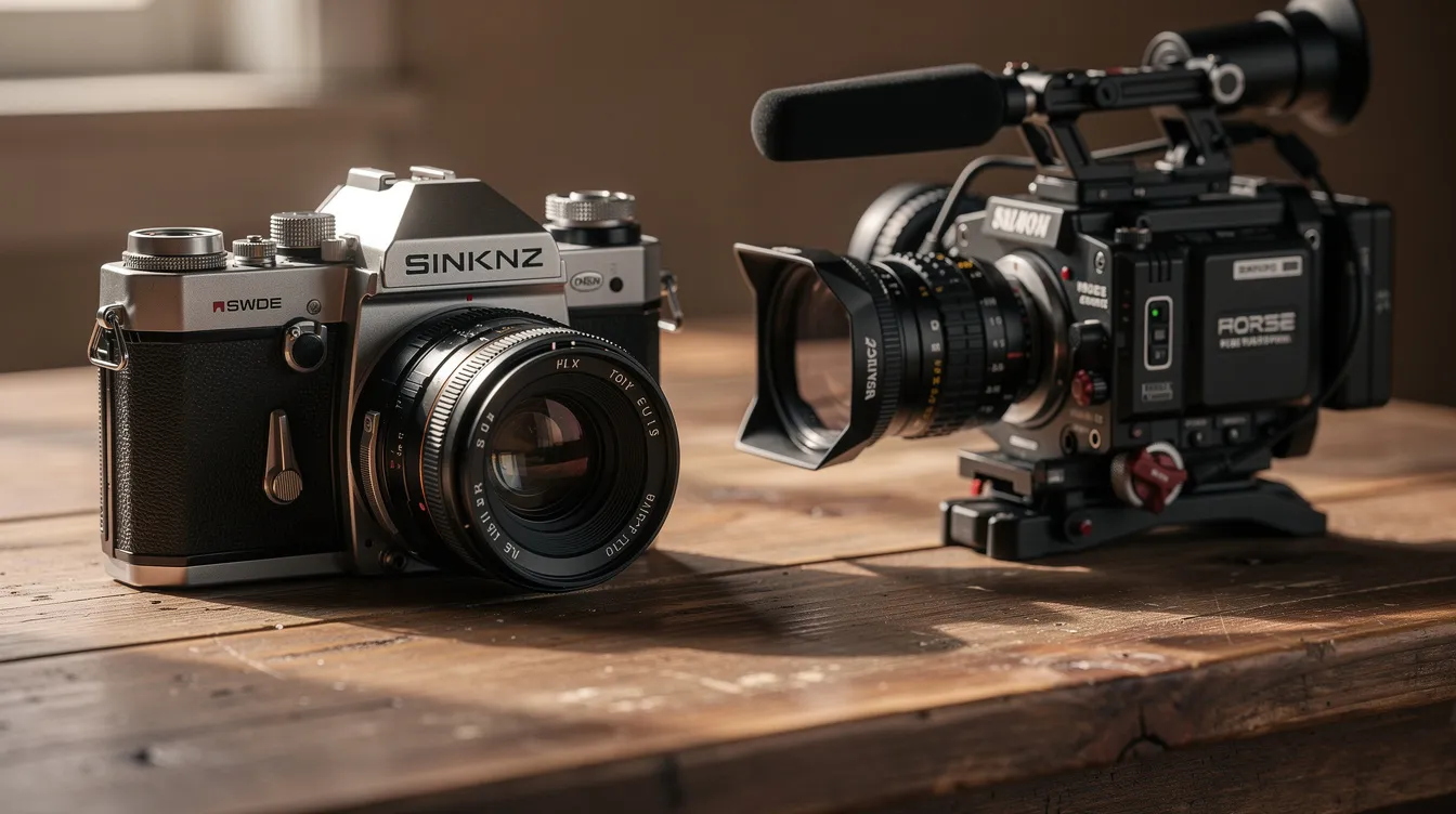 Auf einem Holztisch liegen eine alte analoge Filmkamera und eine moderne digitale Kinokamera nebeneinander. Diese Gegenüberstellung symbolisiert die Entwicklung in der Filmproduktion und die unterschiedlichen Perspektiven, die in der Filmbranche vertreten sind.