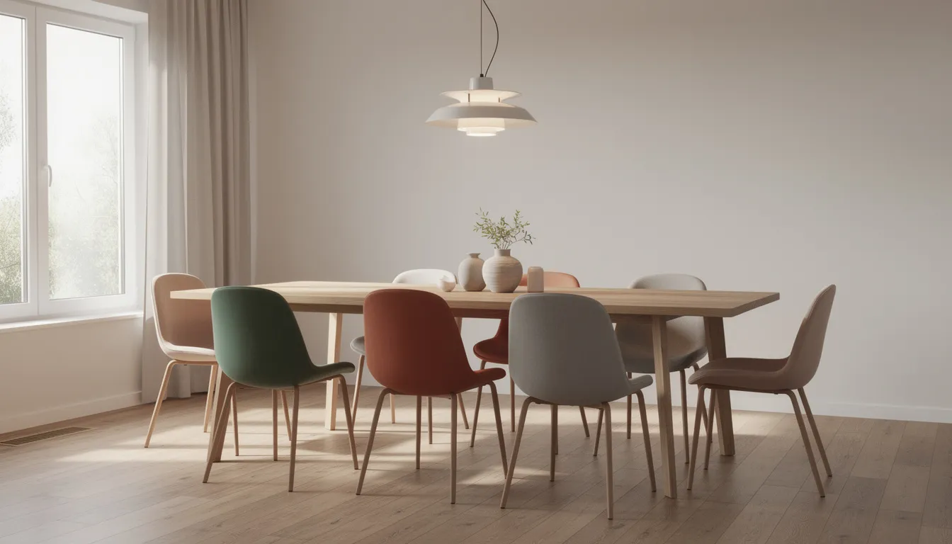 Een stijlvolle eethoek met verschillende stoelen in harmonieuze kleuren rondom een grote houten eettafel, waar comfortabele eetkamerstoelen met een zachte zitting en armleuningen perfect passen bij het interieur. Deze setting nodigt uit tot lange avonden tafelen met vrienden en familie.