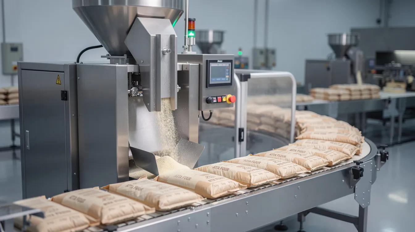 abe4ee78 0cc6 4f1c bbd6 a849f05bdb62 The image depicts an automatic flour packing machine on a production line, efficiently filling 5 kg atta bags with finely ground wheat flour. This setup showcases advanced technology for consistent flour quality and high production capacity, emphasizing minimal manual intervention and smooth operation in food processing industries.