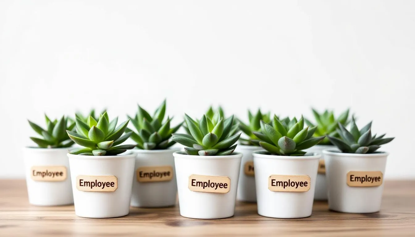 Na zdjęciu widoczne są małe sukulenty, które stanowią eleganckie i oryginalne drobne upominki dla pracowników. Te wyjątkowe prezenty firmowe idealnie nadają się na okazje takie jak święta czy podziękowanie za zaangażowanie.