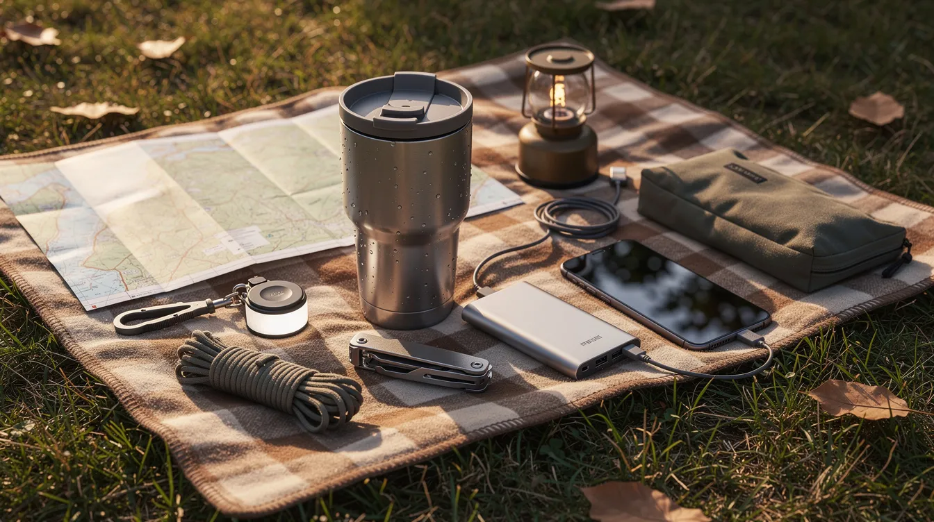 The image shows outdoor camping gear arranged on a picnic blanket, featuring a stainless steel tumbler designed to keep drinks cold or hot, a power bank for charging devices, and a phone, all ideal for enjoying music during camping events. The setup highlights practical items for a perfect day outdoors, including a lid for the tumbler and a charging cable.