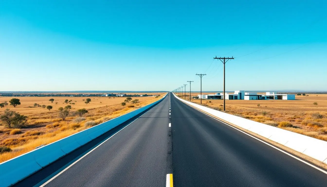 The image depicts a scenic view of a regional Australian landscape, showcasing a blend of natural beauty and modern infrastructure. This picturesque setting highlights the opportunities available for skilled workers seeking permanent residency through various visa options, such as the skilled independent visa and the subclass 491 visa, in designated regional areas.