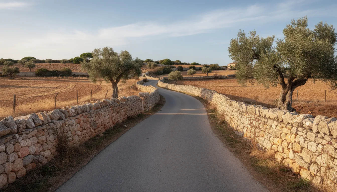Une route sinueuse traverse la campagne de Minorque, bordée de murets en pierre typiques de l'île. Ce paysage pittoresque invite à louer une voiture pour explorer les villages et les plages de cette réserve de biosphère.