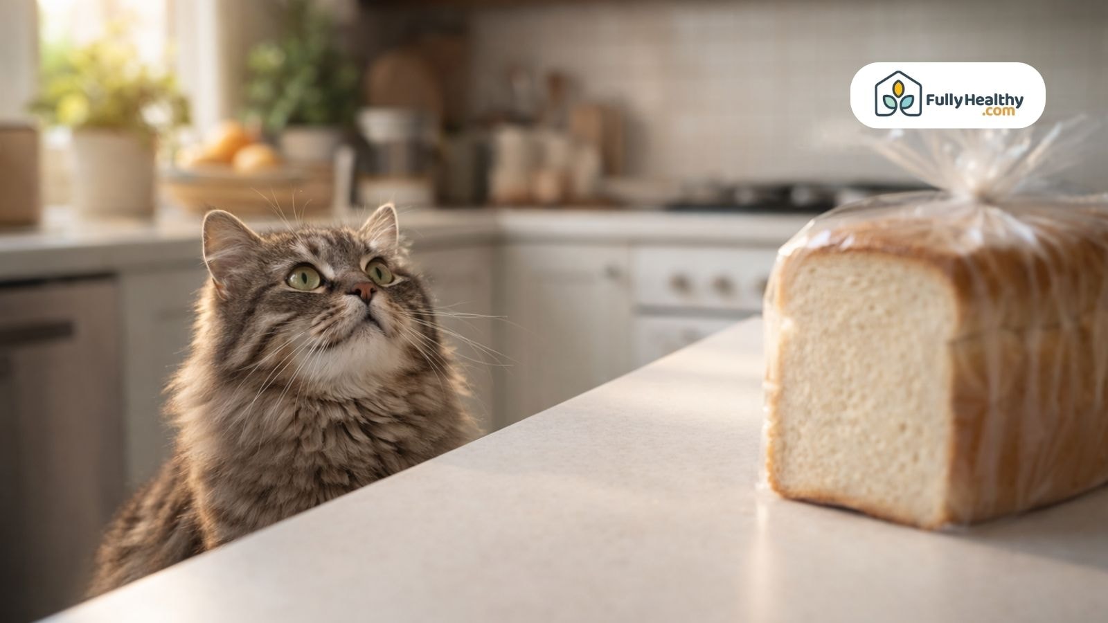 Fluffy cat staring at packaged white bread on kitchen counter