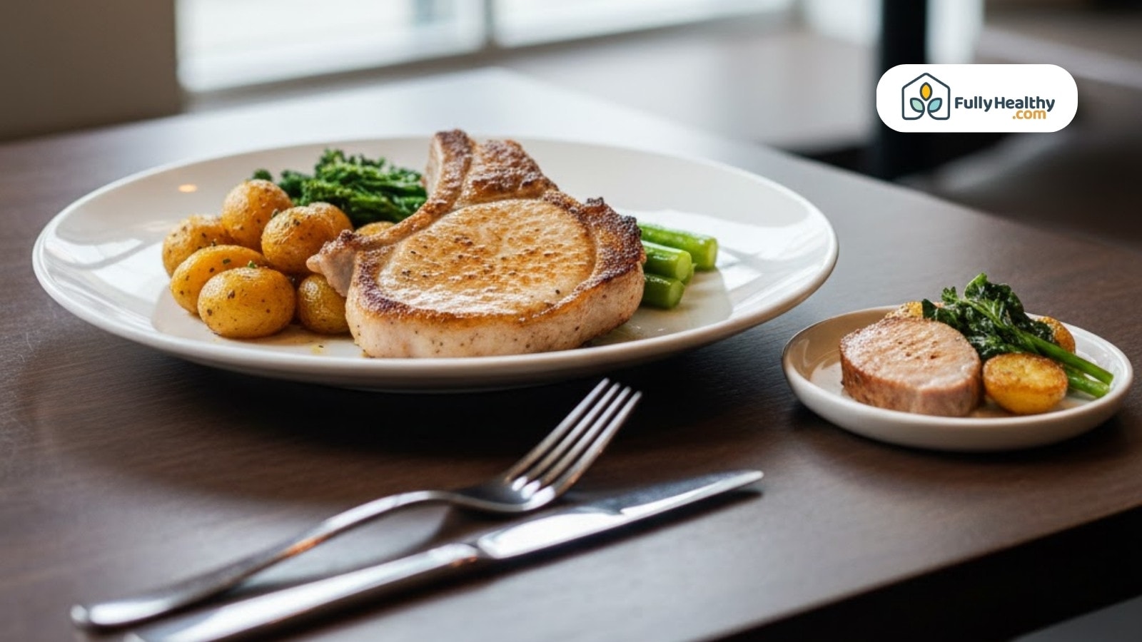 Two plated pork meals showing portion size comparison for calorie control and balance