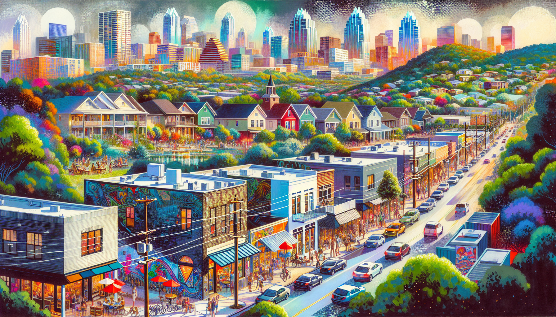 Artistic representation of the urban and suburban blend in South Austin with diverse housing options